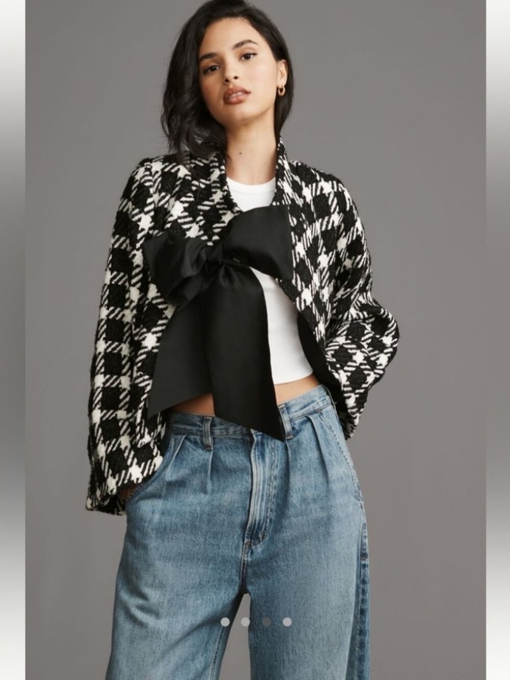Eva Franco Anthropologie Kennedy Houndstooth Bow Jacket XXS Fuzzy Sparkle